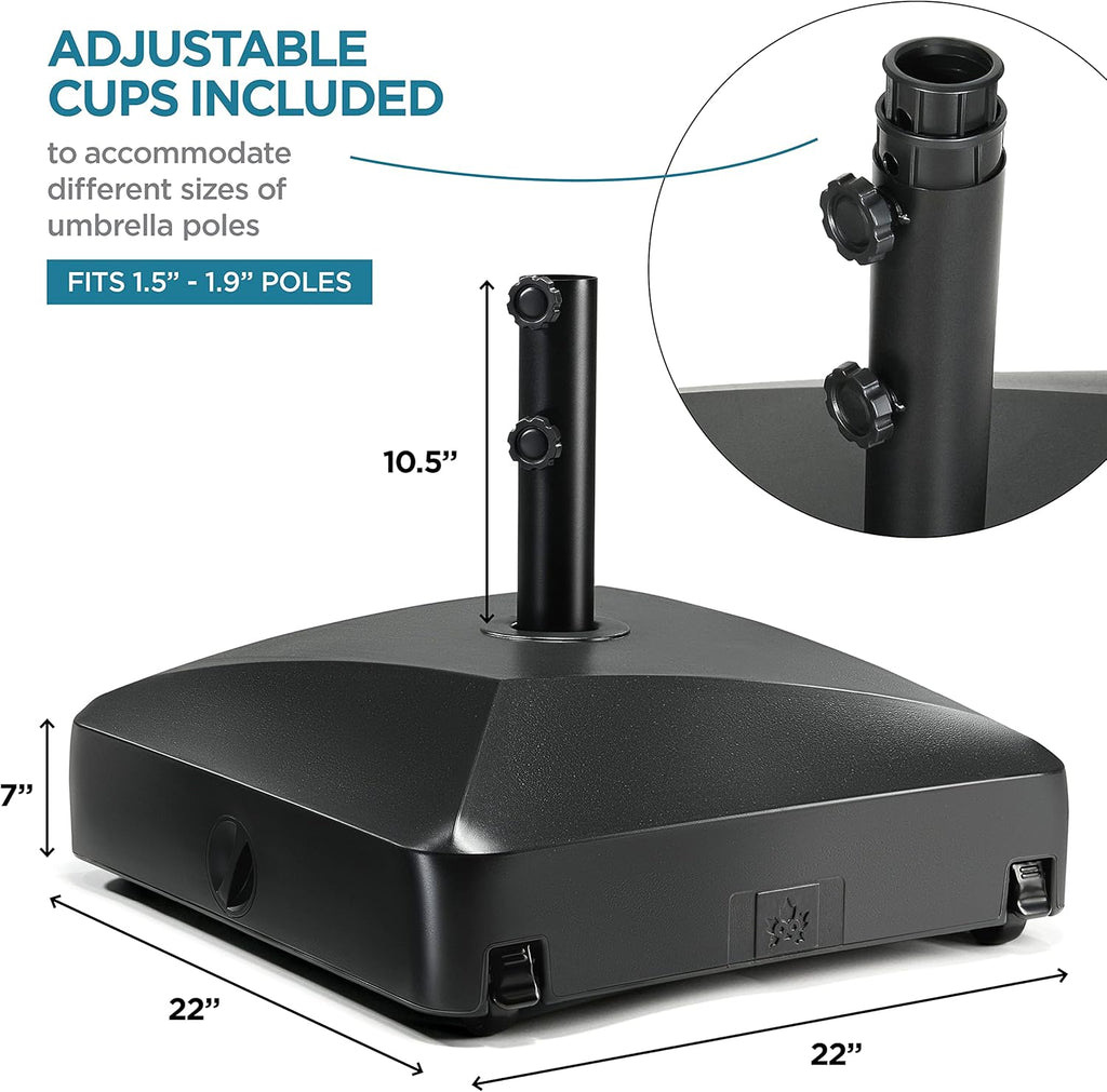 Maple99 Umbrella Base - Fillable Umbrella Pole Holder 2 Knobs, with Heavy Duty Windproof Design for Patio, Deck, Poolside, Garden. 4 Wheels, 2 Locks, Holds 125 lbs, Classic Black