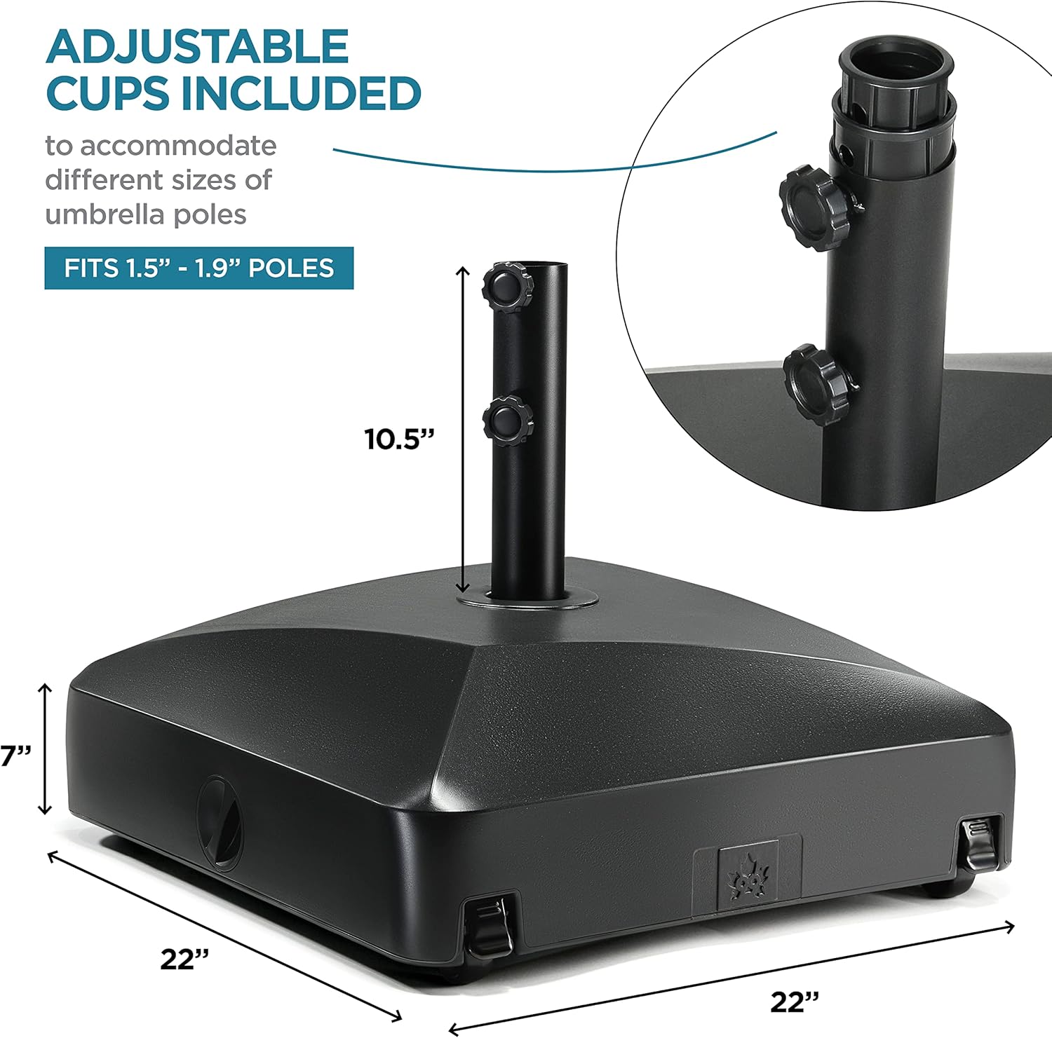 Maple99 Umbrella Base - Fillable Umbrella Pole Holder 2 Knobs, with Heavy Duty Windproof Design for Patio, Deck, Poolside, Garden. 4 Wheels, 2 Locks, Holds 125 lbs, Classic Black
