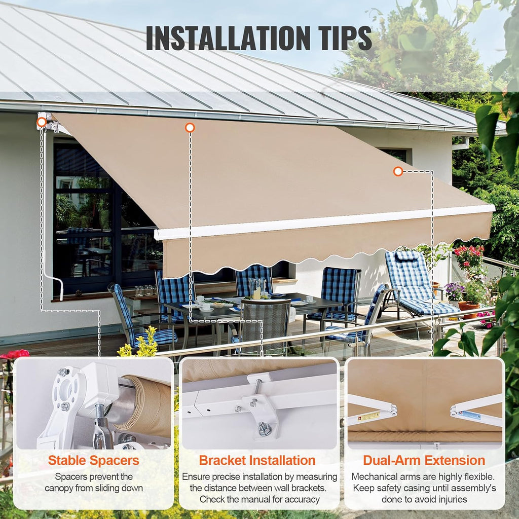 VEVOR Manual Retractable Awning, 12 x 10 ft Outdoor Patio Awning Retractable Sun Shade, Patio Door Window Water-Resistant Polyester Awning Sunshade Shelter with Crank Handle for Balcony, Backyard