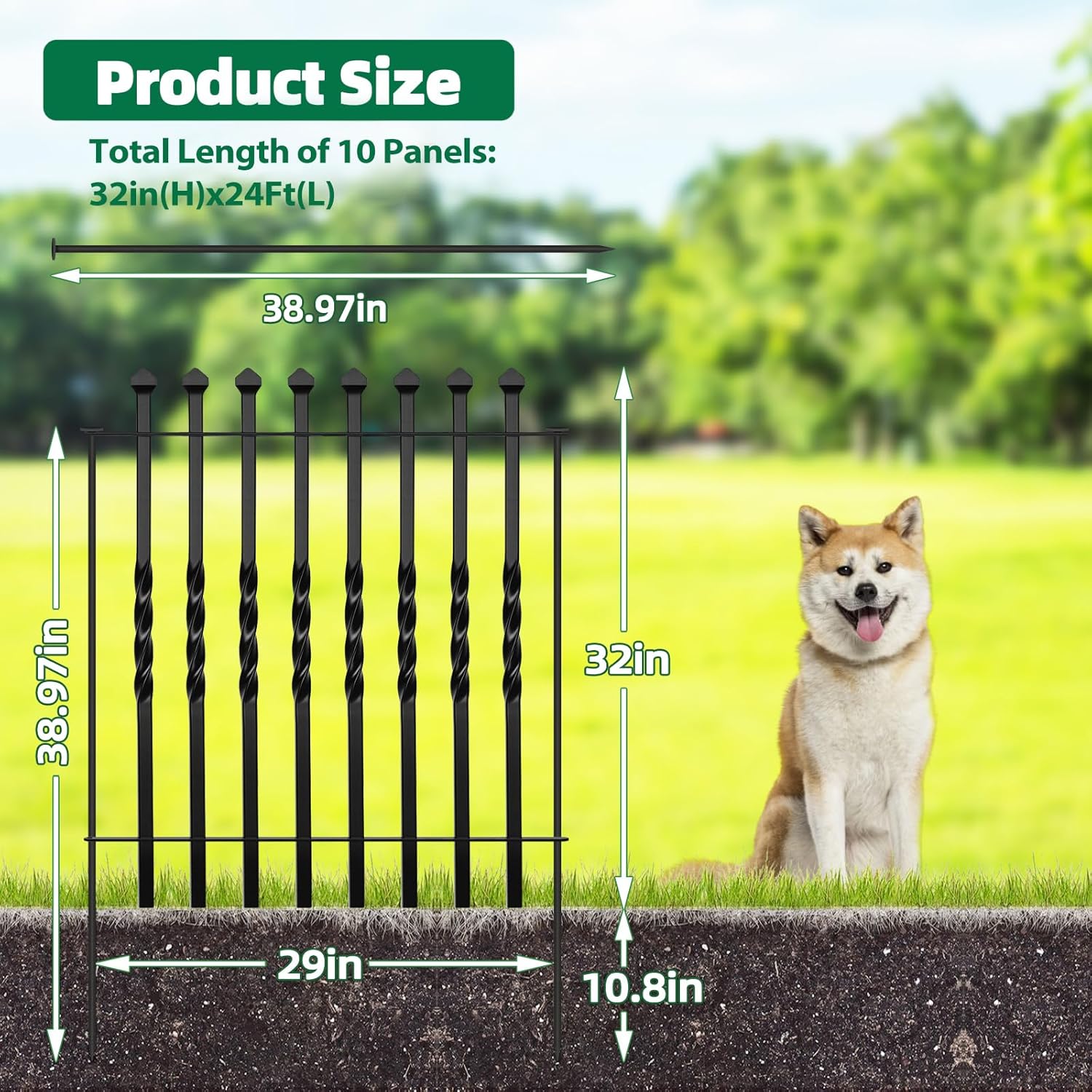 GILPWA 10 Panels Decorative Garden Fence, 32in(H)×24Ft(L) Heavy Duty Twist Outdoor Dog Fence Rustproof Metal Square Tube No Dig Animal Barrier Border Fencing for Temporary Yard Patio Landscape