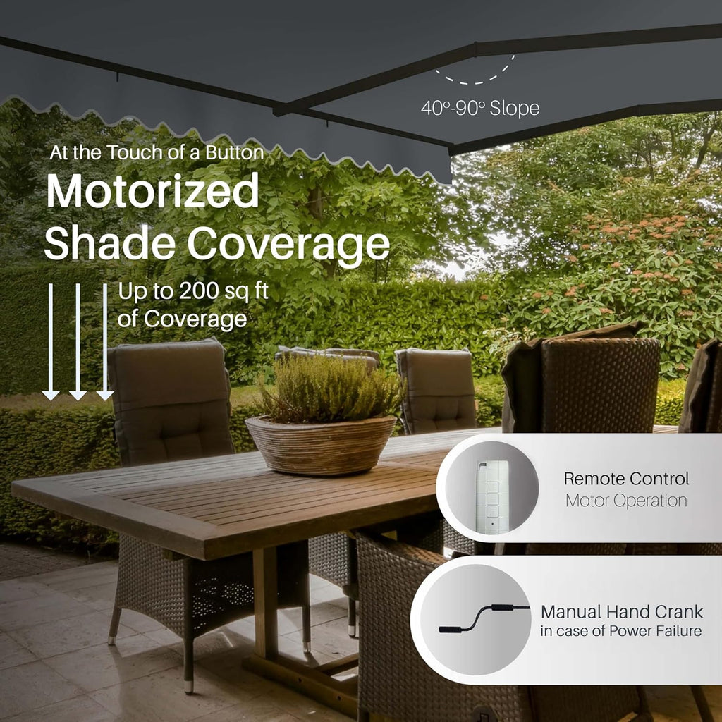 Aleko 20x10 feet Caribbean Style Electric Black Frame Awning, Remote Control Motorized & Manual Crank, Outdoor Shade Canopy with UV-Resistant Fabric - Charcoal Gray