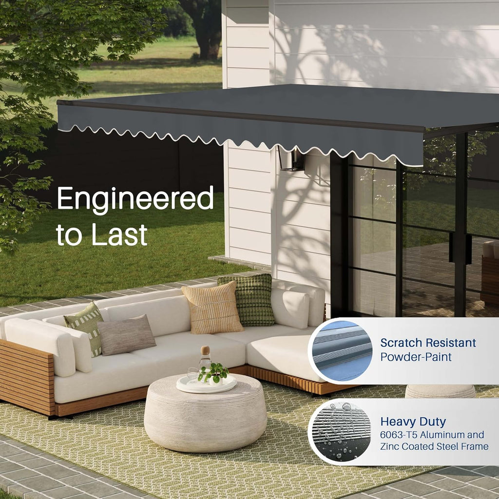 Aleko 20x10 feet Caribbean Style Electric Black Frame Awning, Remote Control Motorized & Manual Crank, Outdoor Shade Canopy with UV-Resistant Fabric - Charcoal Gray