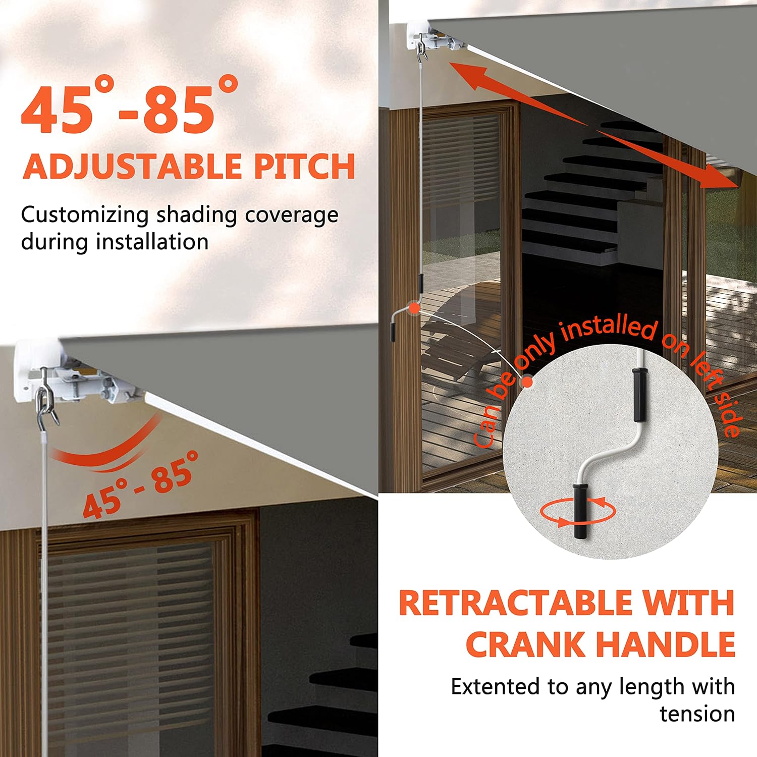 Yardenaler 12x10 FT Manual Retractable Outdoor Patio Awning, Window Sun Shade Shelter with Crank Handle & Canopy for Deck, Backyard, Garden, Balcony, Gray
