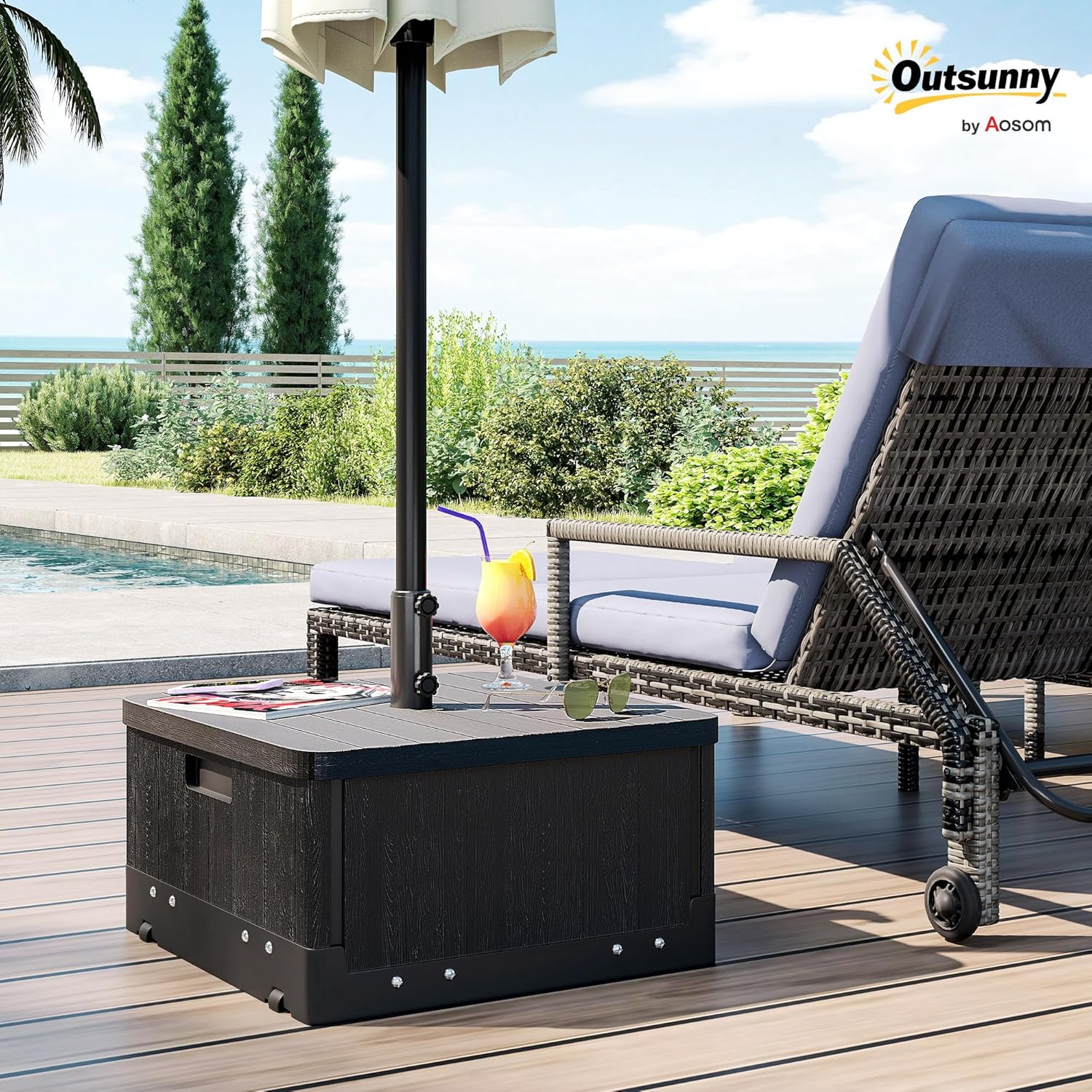 Outsunny 2-in-1 Outdoor Umbrella Base, Planter Box with Drain Hole, 175 lbs. Capacity Heavy Duty Fillable Patio Umbrella Stand Table with Wheels and Handles for Deck, Poolside, Black