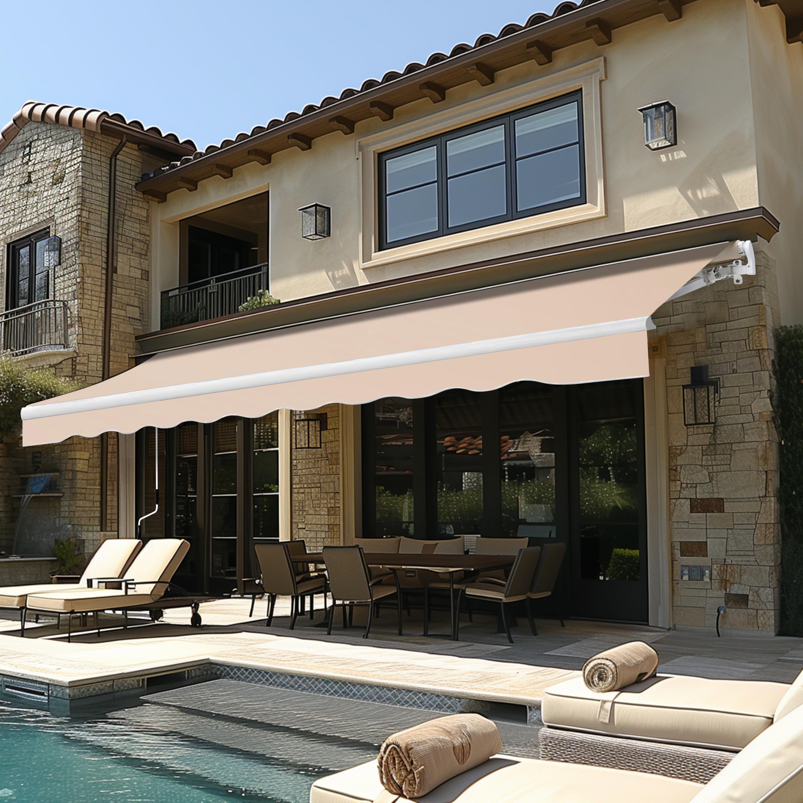 Yardenaler 12x10 FT Manual Retractable Outdoor Patio Awning, Window Sun Shade Shelter with Crank Handle & Canopy for Deck, Backyard, Garden, Balcony, Gray